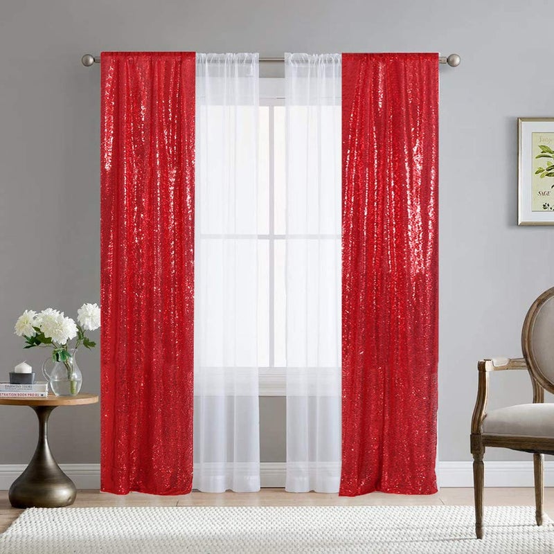 SquarePie Sequin Curtain 2FT x 8FT 2pcs Red Backdrop Background Sparkly for Wedding Party Decoration - Image 4